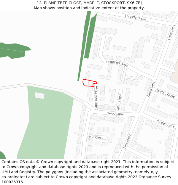 13, PLANE TREE CLOSE, MARPLE, STOCKPORT, SK6 7RJ: Location map and indicative extent of plot