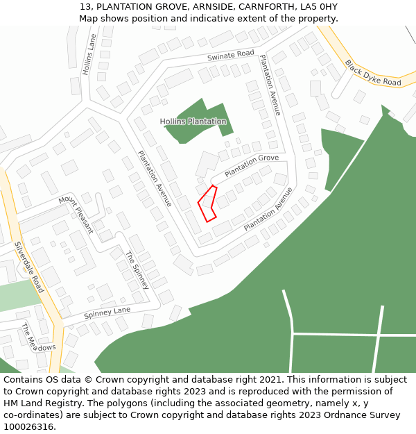 13, PLANTATION GROVE, ARNSIDE, CARNFORTH, LA5 0HY: Location map and indicative extent of plot