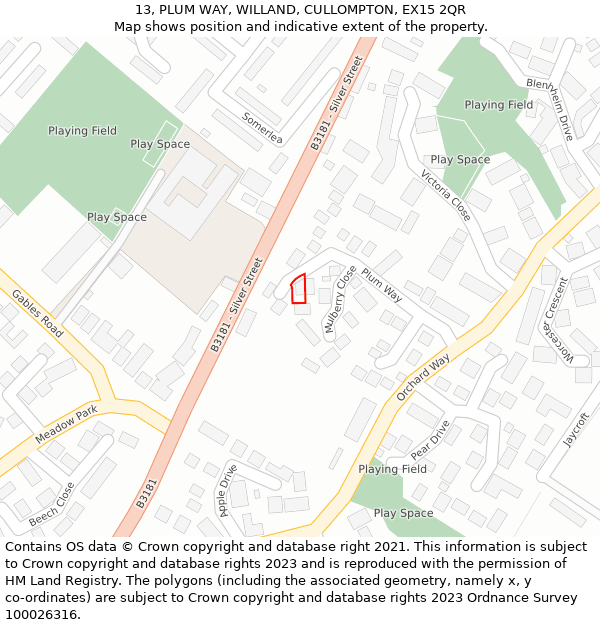 13, PLUM WAY, WILLAND, CULLOMPTON, EX15 2QR: Location map and indicative extent of plot