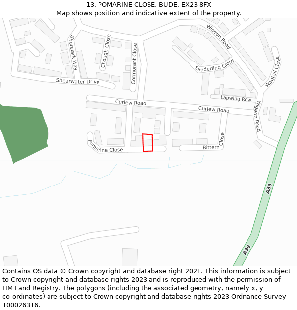 13, POMARINE CLOSE, BUDE, EX23 8FX: Location map and indicative extent of plot