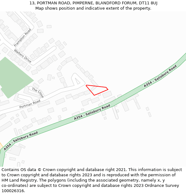 13, PORTMAN ROAD, PIMPERNE, BLANDFORD FORUM, DT11 8UJ: Location map and indicative extent of plot