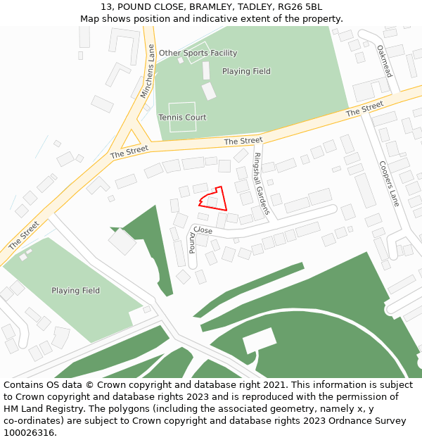 13, POUND CLOSE, BRAMLEY, TADLEY, RG26 5BL: Location map and indicative extent of plot