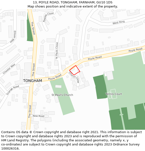 13, POYLE ROAD, TONGHAM, FARNHAM, GU10 1DS: Location map and indicative extent of plot
