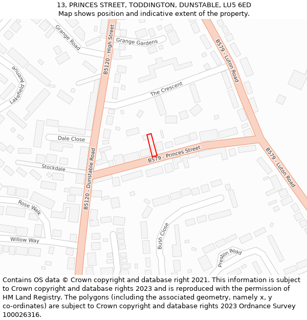 13, PRINCES STREET, TODDINGTON, DUNSTABLE, LU5 6ED: Location map and indicative extent of plot