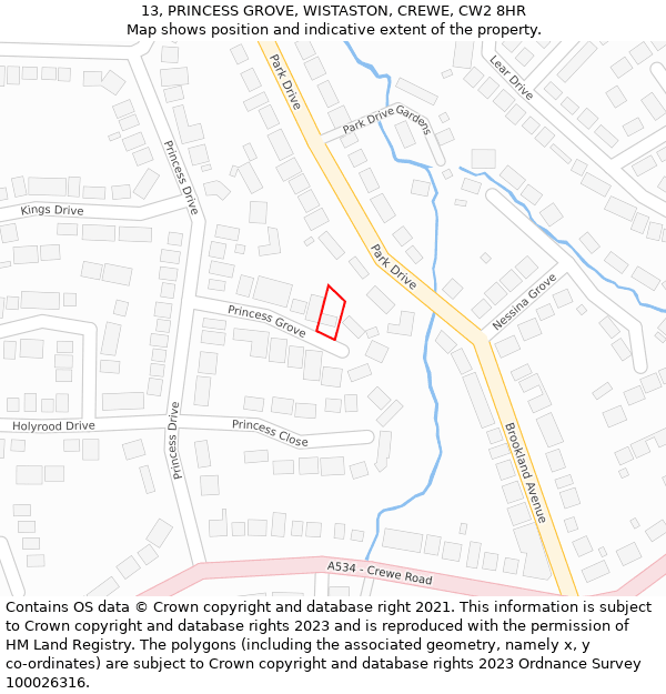 13, PRINCESS GROVE, WISTASTON, CREWE, CW2 8HR: Location map and indicative extent of plot