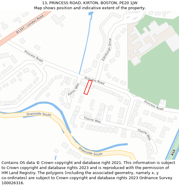 13, PRINCESS ROAD, KIRTON, BOSTON, PE20 1JW: Location map and indicative extent of plot