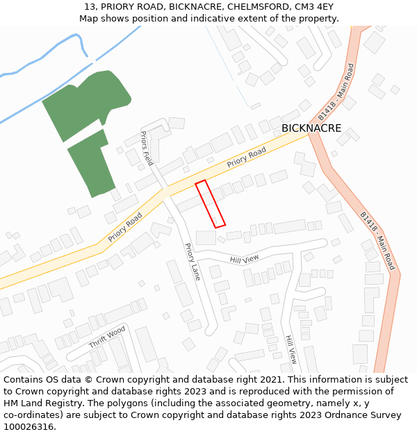 13, PRIORY ROAD, BICKNACRE, CHELMSFORD, CM3 4EY: Location map and indicative extent of plot