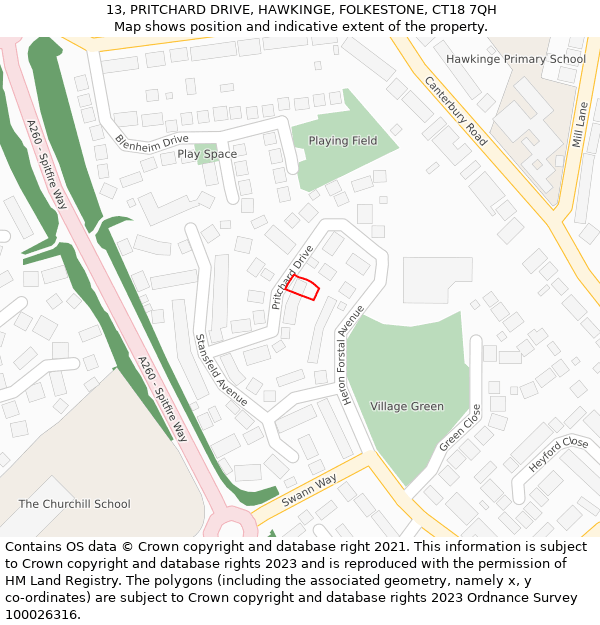 13, PRITCHARD DRIVE, HAWKINGE, FOLKESTONE, CT18 7QH: Location map and indicative extent of plot