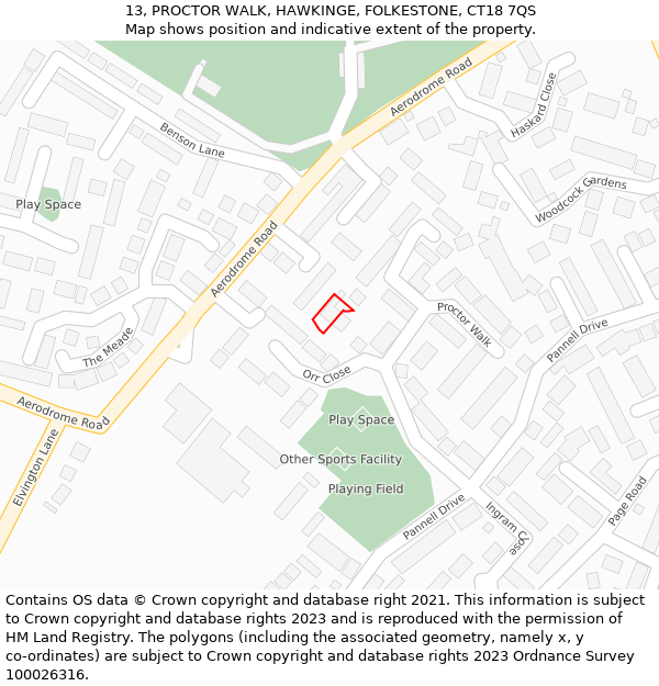 13, PROCTOR WALK, HAWKINGE, FOLKESTONE, CT18 7QS: Location map and indicative extent of plot