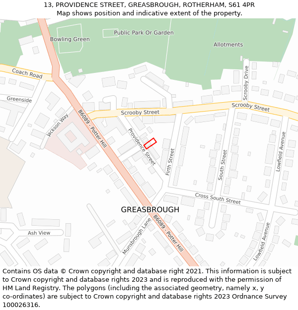 13, PROVIDENCE STREET, GREASBROUGH, ROTHERHAM, S61 4PR: Location map and indicative extent of plot