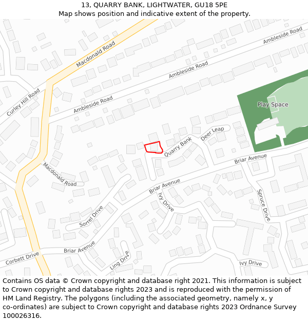 13, QUARRY BANK, LIGHTWATER, GU18 5PE: Location map and indicative extent of plot