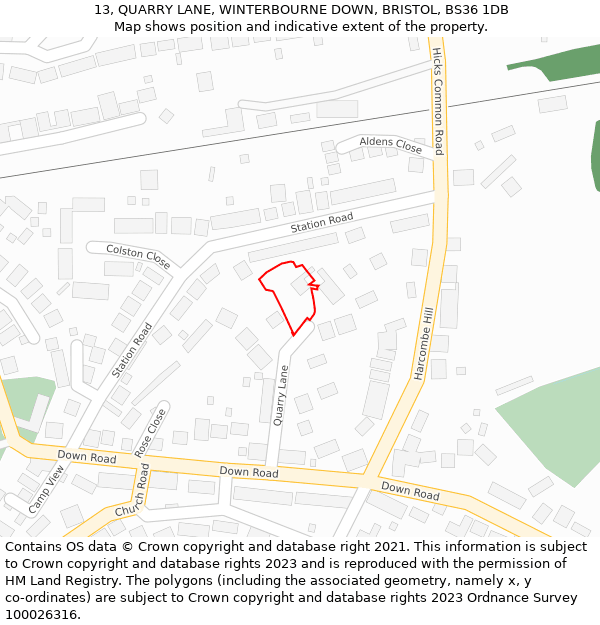 13, QUARRY LANE, WINTERBOURNE DOWN, BRISTOL, BS36 1DB: Location map and indicative extent of plot