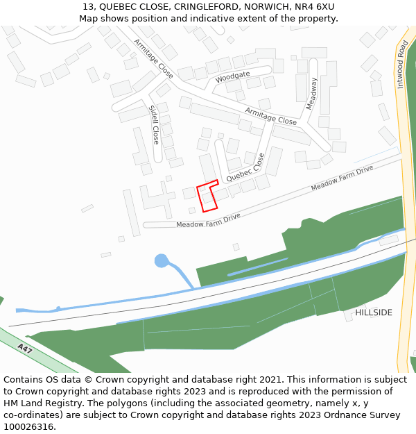 13, QUEBEC CLOSE, CRINGLEFORD, NORWICH, NR4 6XU: Location map and indicative extent of plot