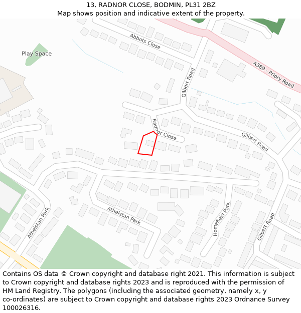 13, RADNOR CLOSE, BODMIN, PL31 2BZ: Location map and indicative extent of plot