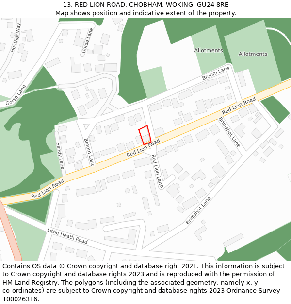 13, RED LION ROAD, CHOBHAM, WOKING, GU24 8RE: Location map and indicative extent of plot