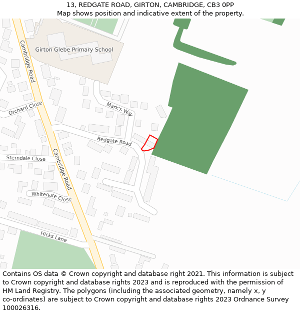 13, REDGATE ROAD, GIRTON, CAMBRIDGE, CB3 0PP: Location map and indicative extent of plot