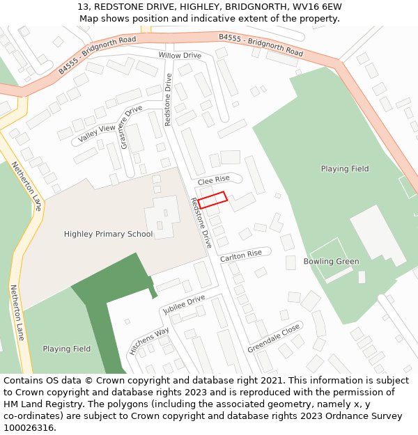 13, REDSTONE DRIVE, HIGHLEY, BRIDGNORTH, WV16 6EW: Location map and indicative extent of plot