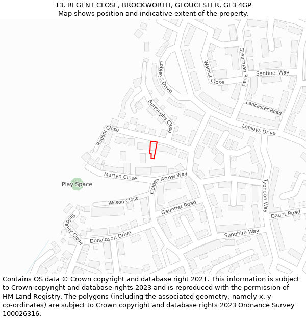 13, REGENT CLOSE, BROCKWORTH, GLOUCESTER, GL3 4GP: Location map and indicative extent of plot