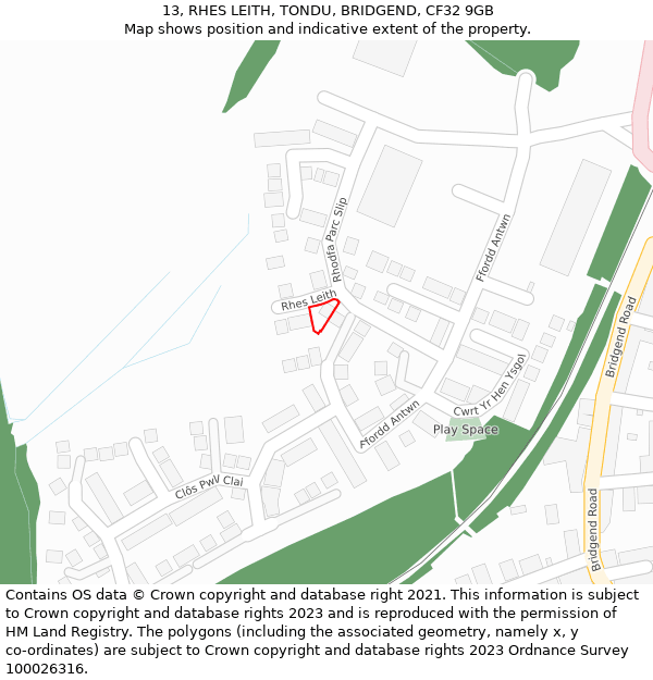 13, RHES LEITH, TONDU, BRIDGEND, CF32 9GB: Location map and indicative extent of plot