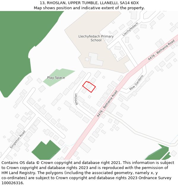 13, RHOSLAN, UPPER TUMBLE, LLANELLI, SA14 6DX: Location map and indicative extent of plot