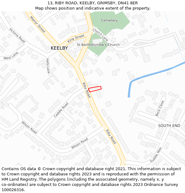 13, RIBY ROAD, KEELBY, GRIMSBY, DN41 8ER: Location map and indicative extent of plot