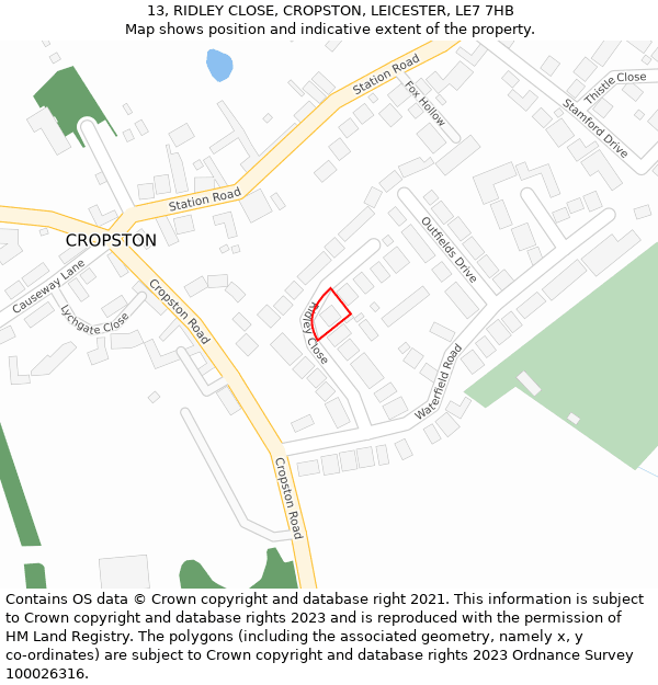 13, RIDLEY CLOSE, CROPSTON, LEICESTER, LE7 7HB: Location map and indicative extent of plot