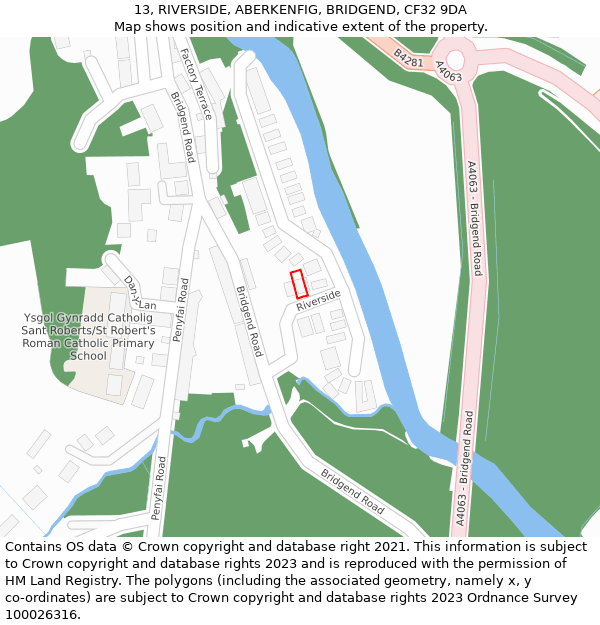 13, RIVERSIDE, ABERKENFIG, BRIDGEND, CF32 9DA: Location map and indicative extent of plot