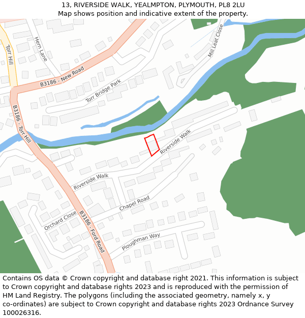 13, RIVERSIDE WALK, YEALMPTON, PLYMOUTH, PL8 2LU: Location map and indicative extent of plot