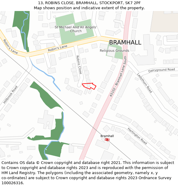 13, ROBINS CLOSE, BRAMHALL, STOCKPORT, SK7 2PF: Location map and indicative extent of plot