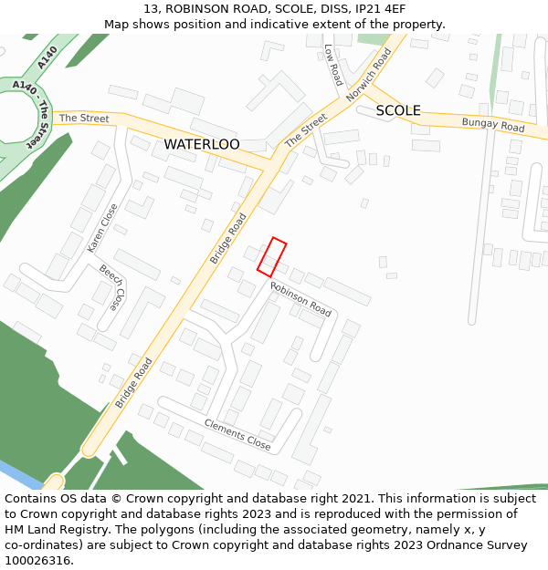13, ROBINSON ROAD, SCOLE, DISS, IP21 4EF: Location map and indicative extent of plot