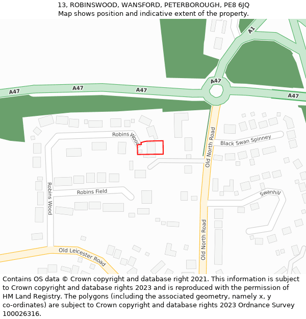13, ROBINSWOOD, WANSFORD, PETERBOROUGH, PE8 6JQ: Location map and indicative extent of plot
