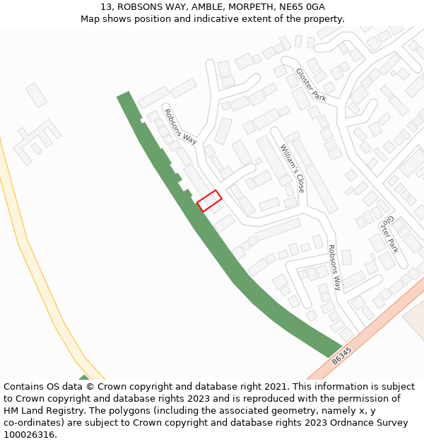 13, ROBSONS WAY, AMBLE, MORPETH, NE65 0GA: Location map and indicative extent of plot