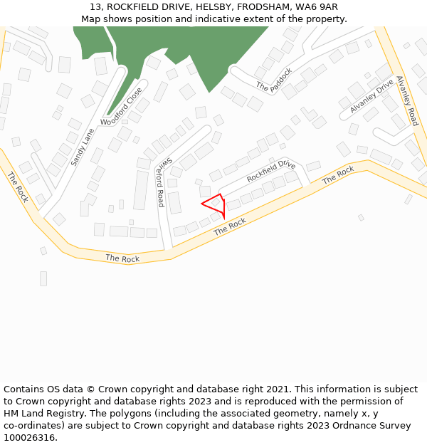 13, ROCKFIELD DRIVE, HELSBY, FRODSHAM, WA6 9AR: Location map and indicative extent of plot