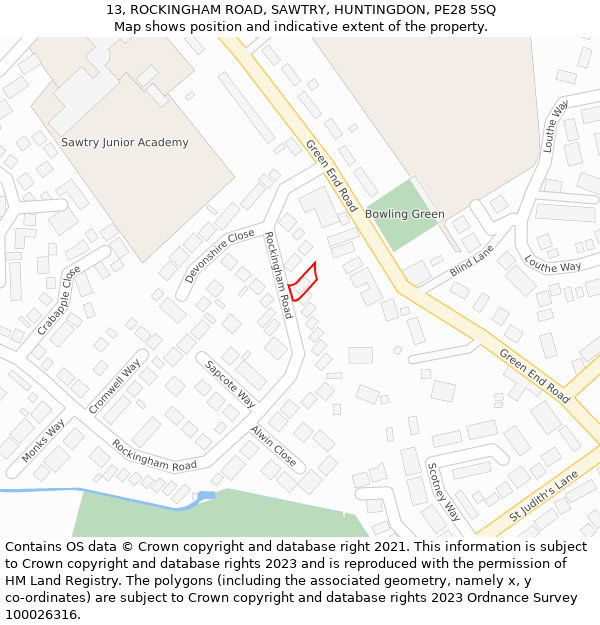 13, ROCKINGHAM ROAD, SAWTRY, HUNTINGDON, PE28 5SQ: Location map and indicative extent of plot