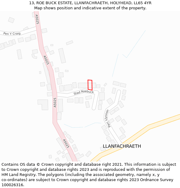 13, ROE BUCK ESTATE, LLANFACHRAETH, HOLYHEAD, LL65 4YR: Location map and indicative extent of plot