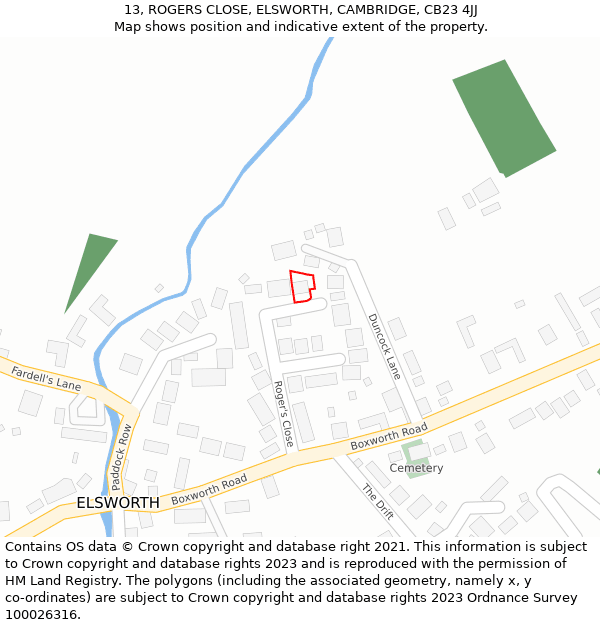 13, ROGERS CLOSE, ELSWORTH, CAMBRIDGE, CB23 4JJ: Location map and indicative extent of plot