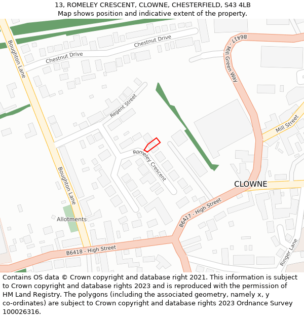 13, ROMELEY CRESCENT, CLOWNE, CHESTERFIELD, S43 4LB: Location map and indicative extent of plot