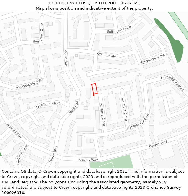 13, ROSEBAY CLOSE, HARTLEPOOL, TS26 0ZL: Location map and indicative extent of plot