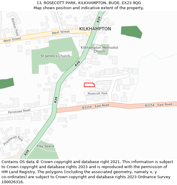 13, ROSECOTT PARK, KILKHAMPTON, BUDE, EX23 9QG: Location map and indicative extent of plot