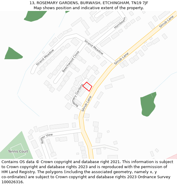 13, ROSEMARY GARDENS, BURWASH, ETCHINGHAM, TN19 7JF: Location map and indicative extent of plot