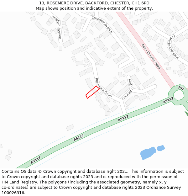 13, ROSEMERE DRIVE, BACKFORD, CHESTER, CH1 6PD: Location map and indicative extent of plot