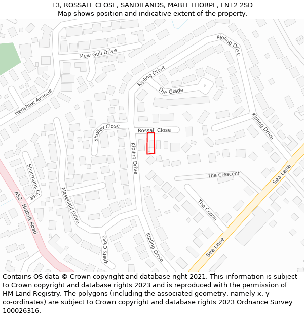 13, ROSSALL CLOSE, SANDILANDS, MABLETHORPE, LN12 2SD: Location map and indicative extent of plot