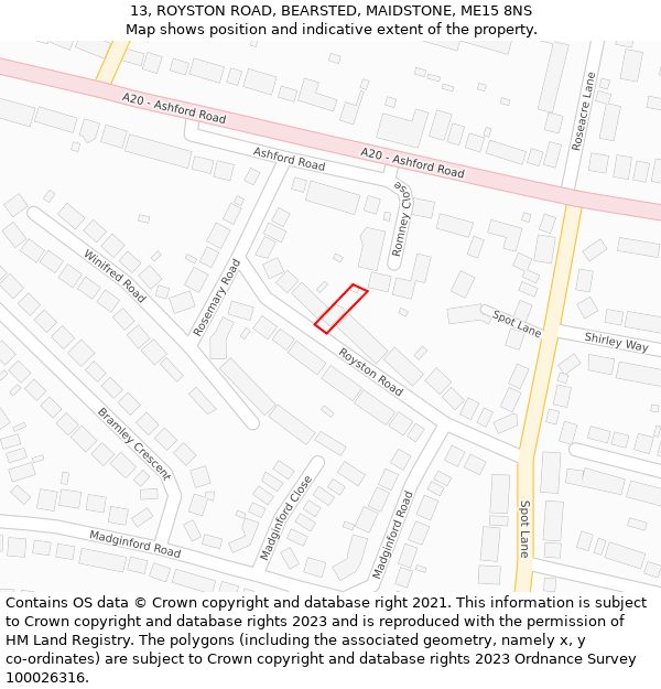 13, ROYSTON ROAD, BEARSTED, MAIDSTONE, ME15 8NS: Location map and indicative extent of plot