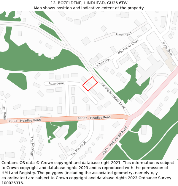 13, ROZELDENE, HINDHEAD, GU26 6TW: Location map and indicative extent of plot