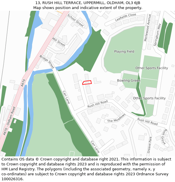 13, RUSH HILL TERRACE, UPPERMILL, OLDHAM, OL3 6JB: Location map and indicative extent of plot