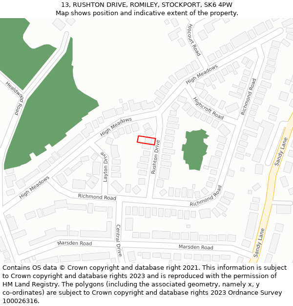 13, RUSHTON DRIVE, ROMILEY, STOCKPORT, SK6 4PW: Location map and indicative extent of plot