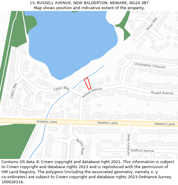 13, RUSSELL AVENUE, NEW BALDERTON, NEWARK, NG24 3BT: Location map and indicative extent of plot
