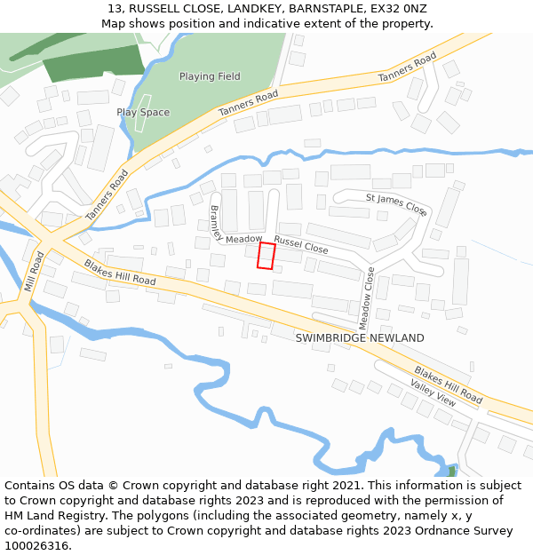 13, RUSSELL CLOSE, LANDKEY, BARNSTAPLE, EX32 0NZ: Location map and indicative extent of plot