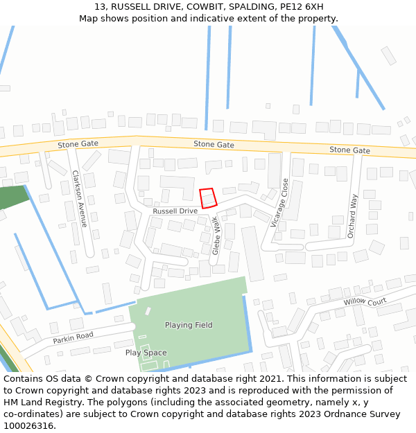 13, RUSSELL DRIVE, COWBIT, SPALDING, PE12 6XH: Location map and indicative extent of plot