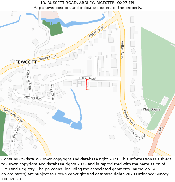 13, RUSSETT ROAD, ARDLEY, BICESTER, OX27 7PL: Location map and indicative extent of plot